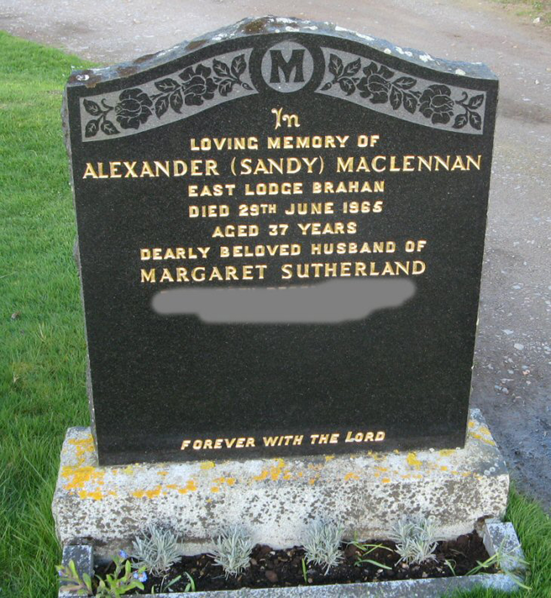 Photo of headstones/Alexander MacLennan died 1965 MI Fodderty
